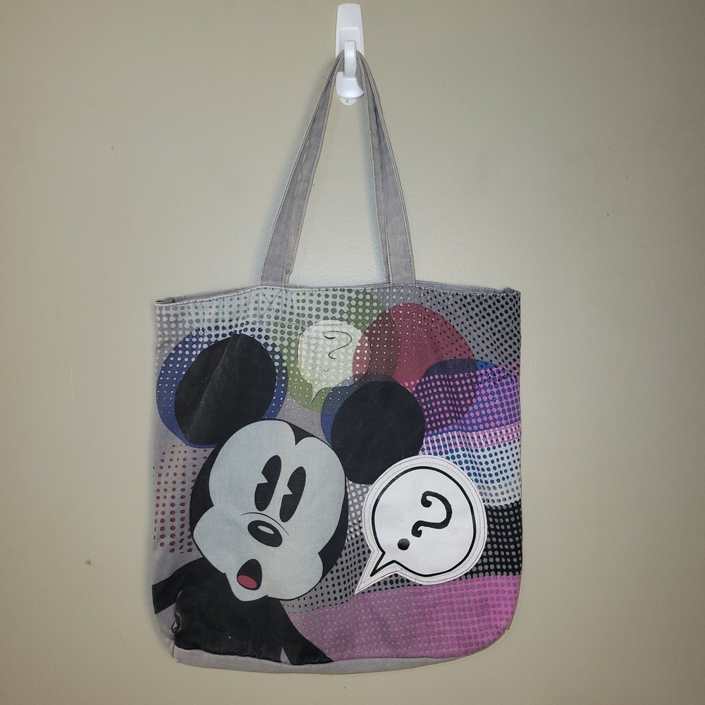 Disney Mickey Mouse Tote Bag Gray Pop Art Canvas Shopper Reusable Shoulder...